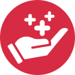 icono de mano con signos de "más" sobre la palma sobre fondo rojo