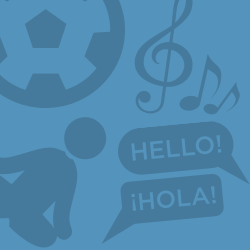 pelota de fútbol, pose de yoga, símbolo de la música, español sobre fondo azul